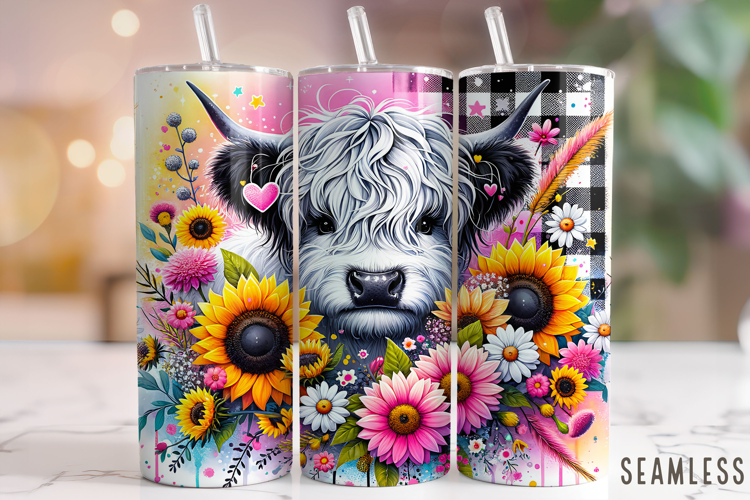 Floral Highland Cow Tumbler Wrap, Cute Highland Cow Tumbler