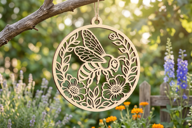 Floral Honeybee Round Wooden Ornament, Honeybee Ornament SVG