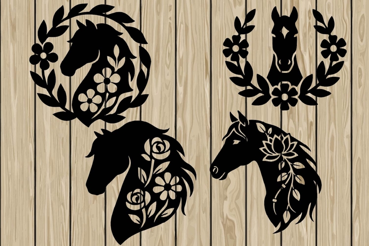 Floral horse head stencil silhouette SVG