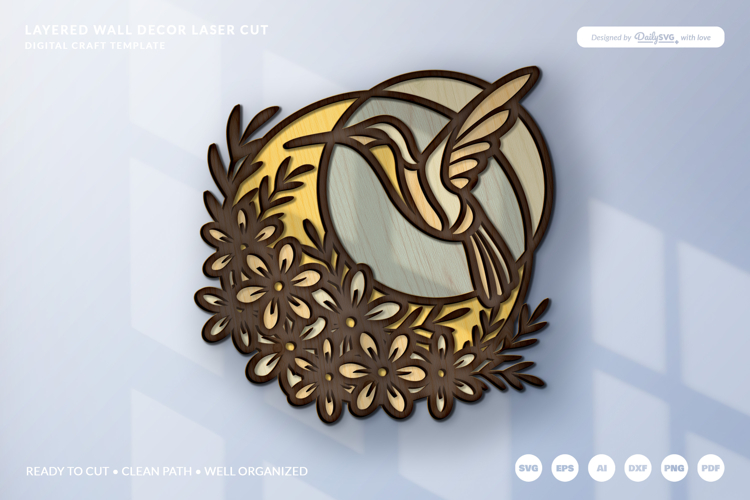 Floral Hummingbird 3D Layered Wall Decor Laser Cut