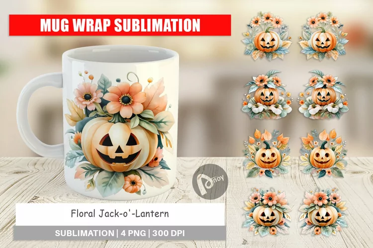 Mug Wrap Design Floral Jack-o'-Lantern Watercolor