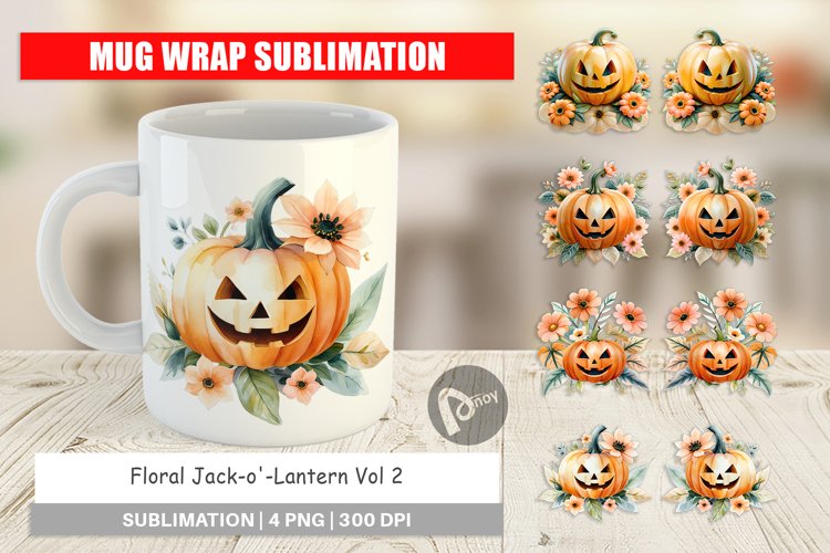 Mug Wrap Design Floral Jack-o'-Lantern Watercolor example image 1