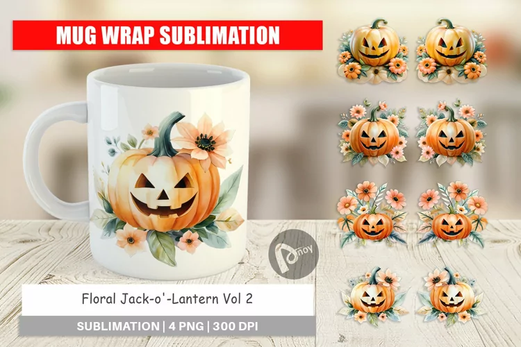 Mug Wrap Design Floral Jack-o'-Lantern Watercolor