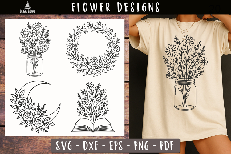 Floral Jar Book Moon Wreath SVG Vintage print