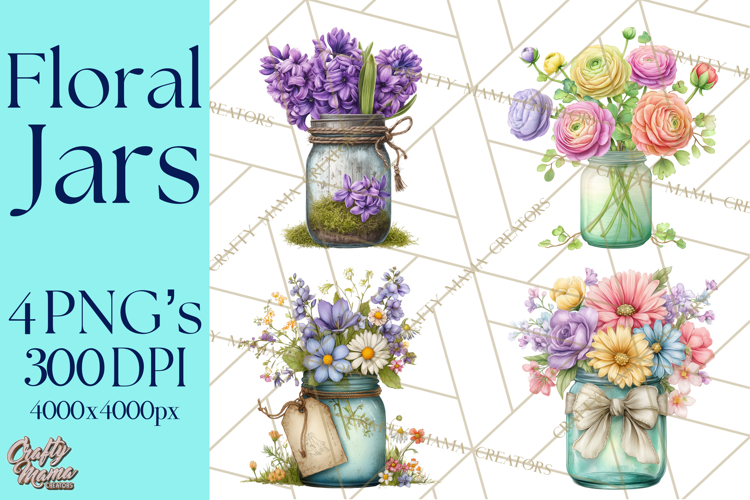 Spring Mason Jar Flowers Clipart, Floral Mason Jars PNG
