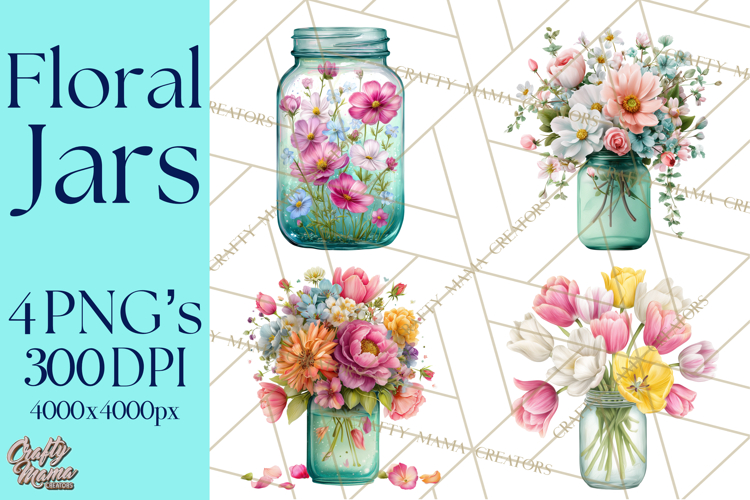 Spring Mason Jar Flowers Clipart, Floral Mason Jars PNG