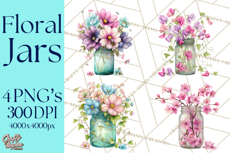 Spring Mason Jar Flowers Clipart, Floral Mason Jars PNG