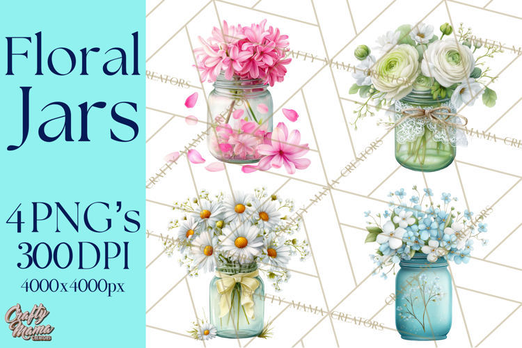 Spring Mason Jar Flowers Clipart, Floral Mason Jars PNG