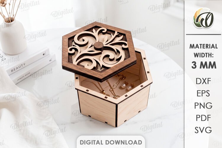 Floral Jewelry Box Laser cut. Storage Box with Lid SVG example image 1