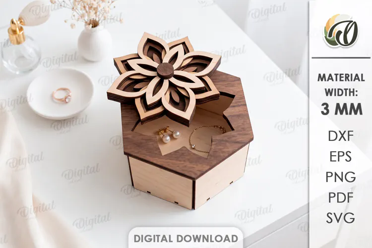 Floral Jewelry Box Laser cut. Storage Box with Lid SVG