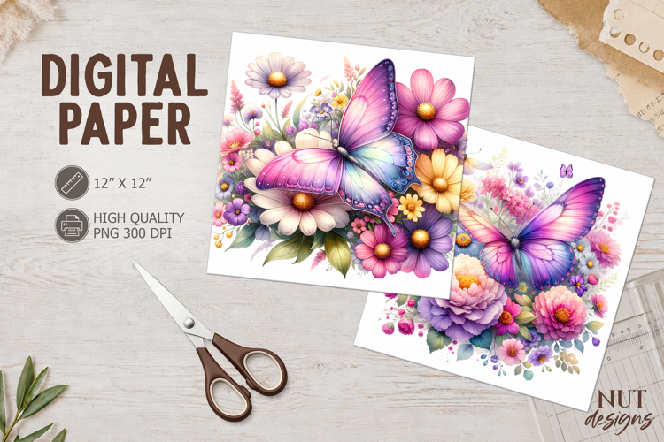Summer Journal junk Purple butterfly Floral digital paper