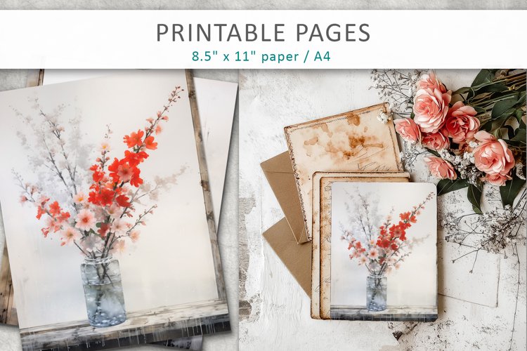 Floral junk journal pages, floral old paper example image 1