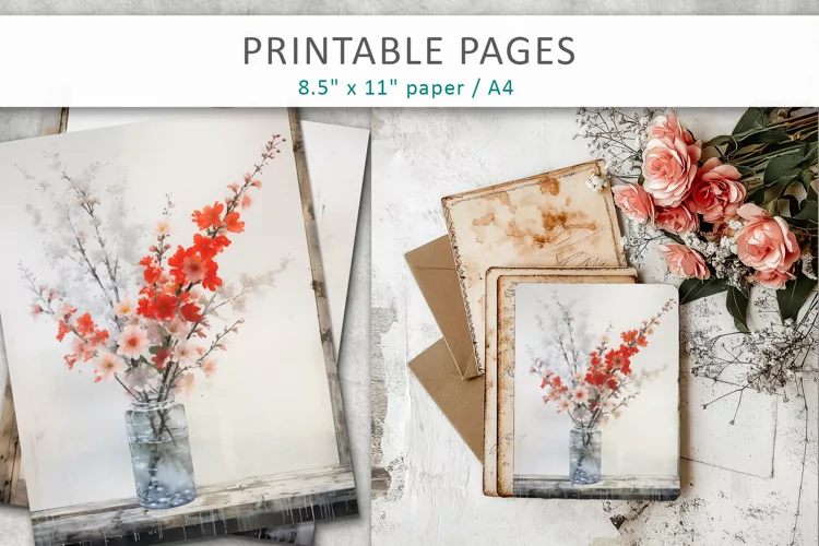 Floral junk journal pages, floral old paper