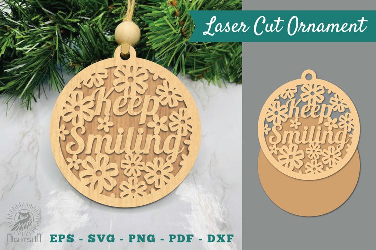Floral Keep Smiling Laser Cut Ornament SVG example image 1