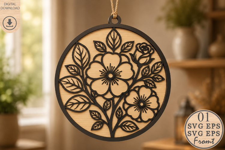 Floral Laser Cut File SVG, Botanical Flower Round Ornament
