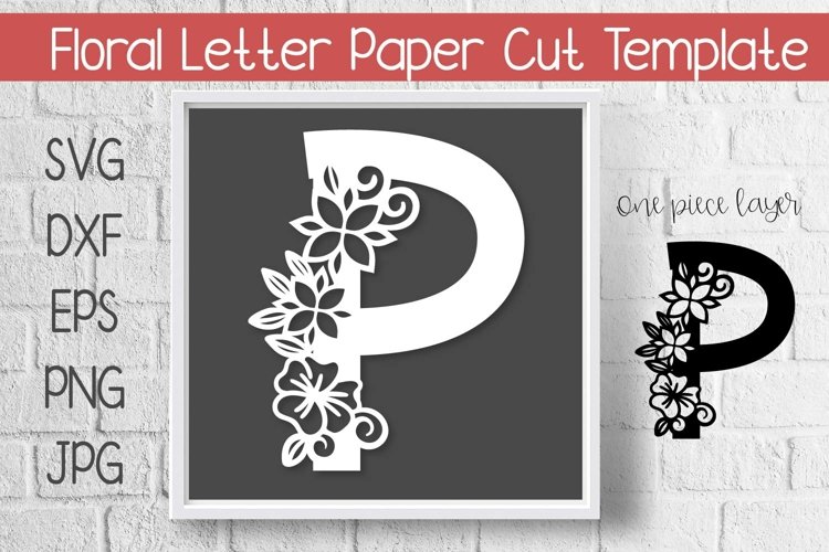 Floral Letter P in a white frame with a grey background