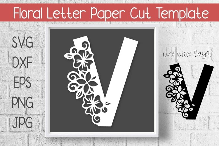 Floral Letter V Paper Cut Template