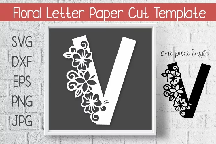 Floral Letter V Paper Cut Template