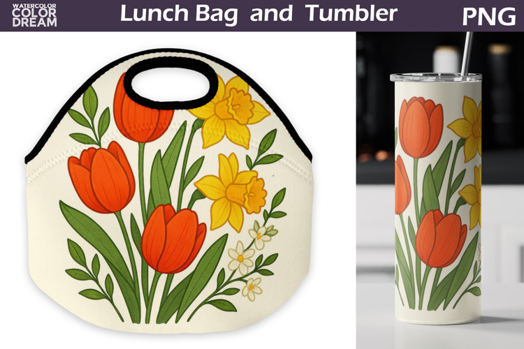 Tulip Daffodil Lunch Bag | Vintage Floral Tumbler Wrap