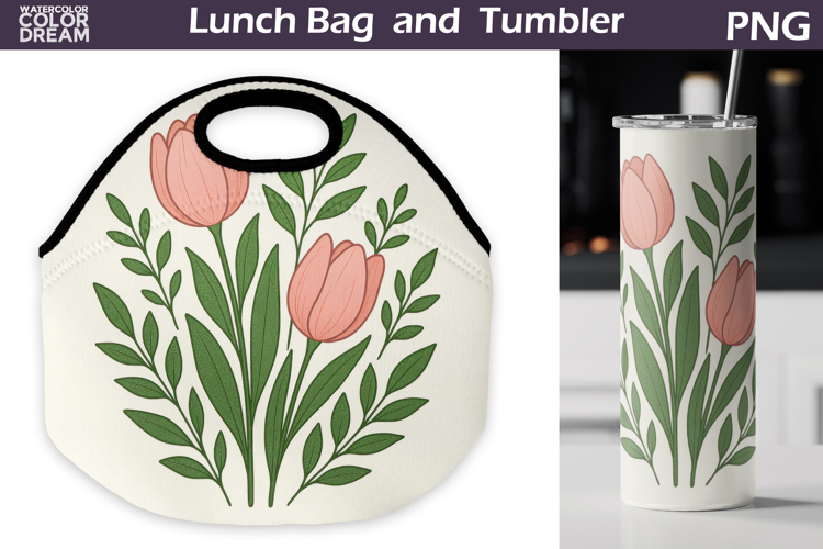 Pink Tulip Lunch Bag | Vintage Floral Tumbler Wrap