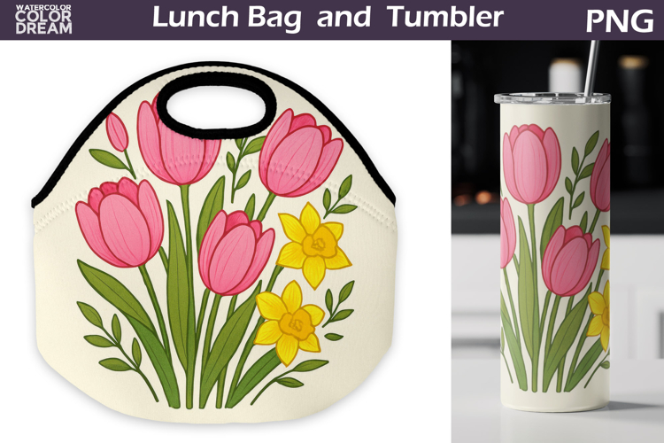 Pink Tulip Daffodil Lunch Bag | Vintage Floral Tumbler Wrap