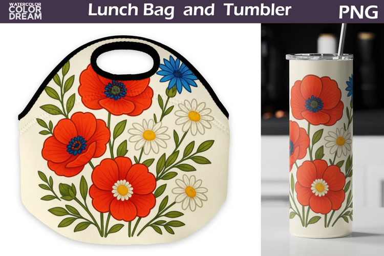 Poppy Daisy Lunch Bag | Vintage Floral Tumbler Wrap