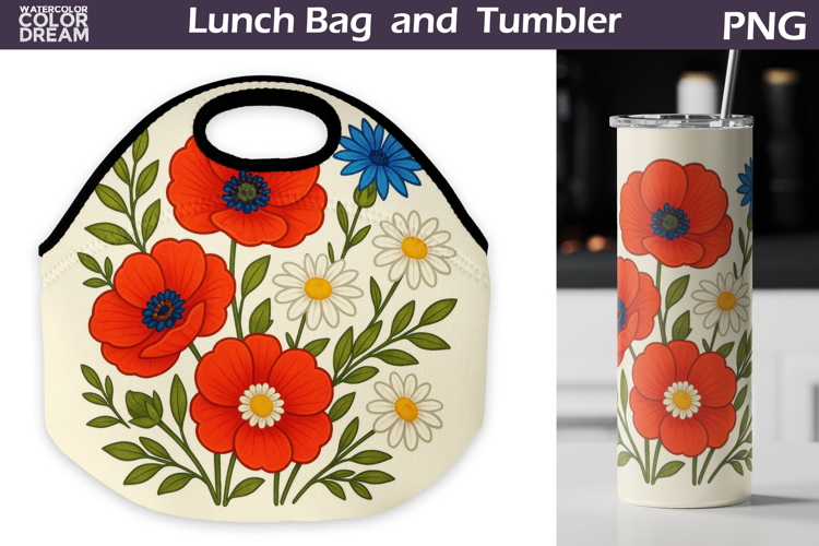 Poppy Daisy Lunch Bag | Vintage Floral Tumbler Wrap