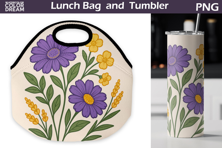 Purple Wildflowers Lunch Bag | Vintage Floral Tumbler Wrap