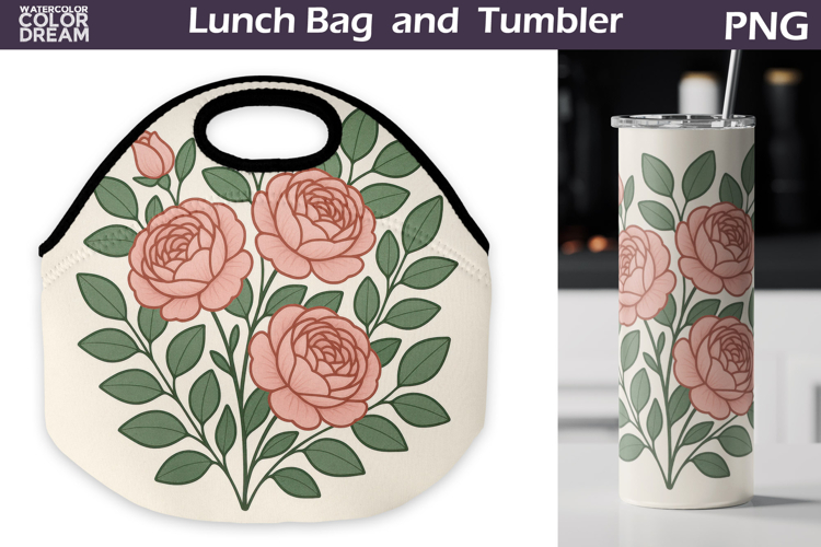 Pastel Pink Peony Lunch Bag | Vintage Floral Tumbler Wrap