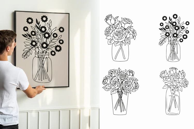4 Floral Mason Jar SVG PNG example image 1