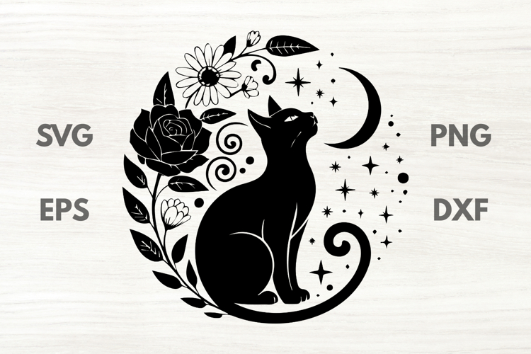 Melancholic Floral Black Cat with Crescent SVG