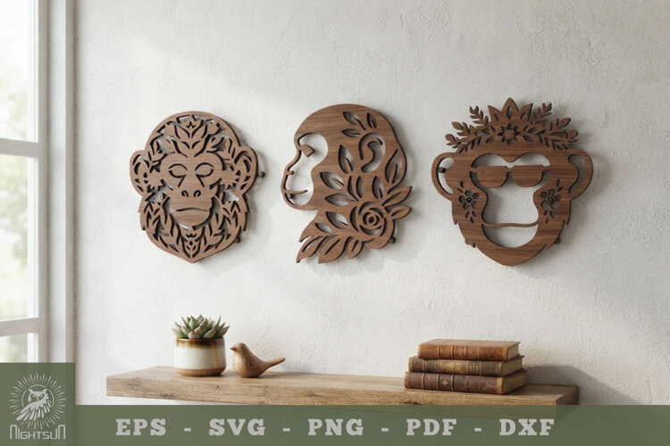 Floral Monkey Lasercut Wall Decor SVG example image 1
