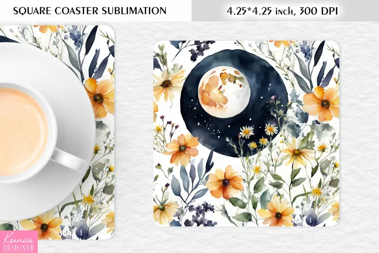 Watercolor Floral Moon|Flower Square Coaster Sublimation