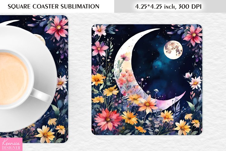 Watercolor Floral Moon|Flower Square Coaster Sublimation example image 1