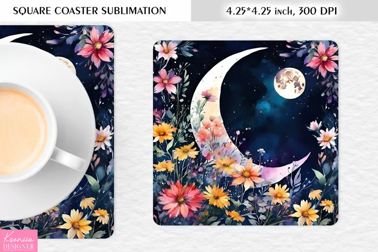Watercolor Floral Moon|Flower Square Coaster Sublimation