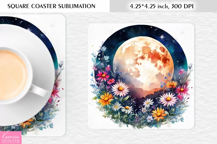 Watercolor Floral Moon|Flower Square Coaster Sublimation