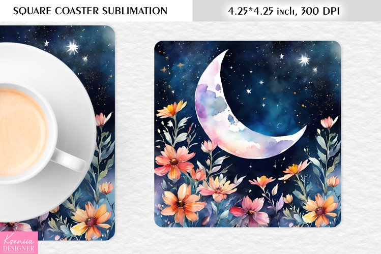 Watercolor Floral Moon|Flower Square Coaster Sublimation example image 1