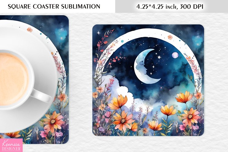 Watercolor Floral Moon|Flower Square Coaster Sublimation example image 1