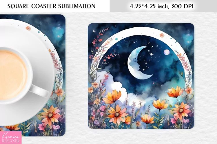 Watercolor Floral Moon|Flower Square Coaster Sublimation
