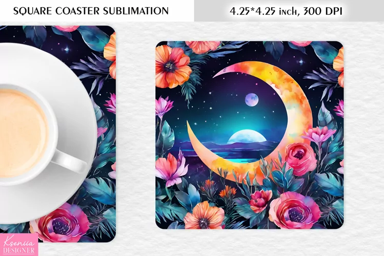 Watercolor Floral Moon|Flower Square Coaster Sublimation