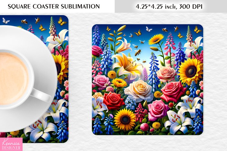 Watercolor Wild Flowers|Flower Square Coaster Sublimation example image 1