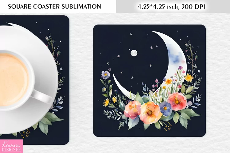 Watercolor Floral Moon|Flower Square Coaster Sublimation
