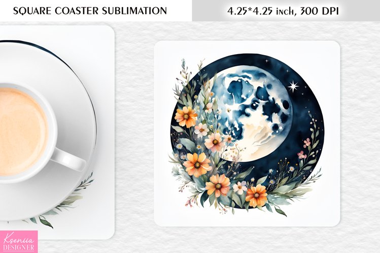 Watercolor Floral Moon|Flower Square Coaster Sublimation