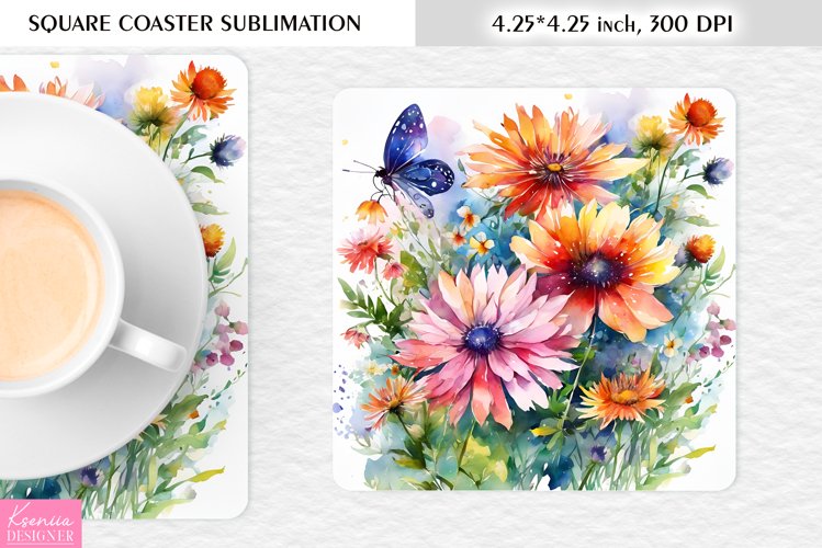 Watercolor Wild Flowers|Flower Square Coaster Sublimation example image 1