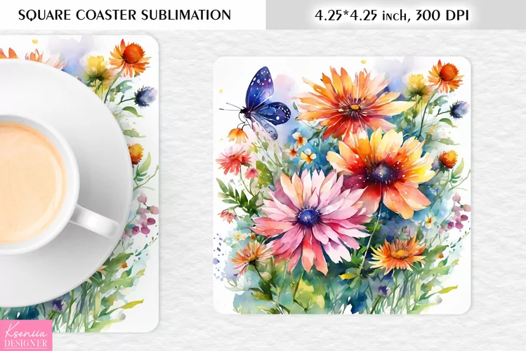 Watercolor Wild Flowers|Flower Square Coaster Sublimation