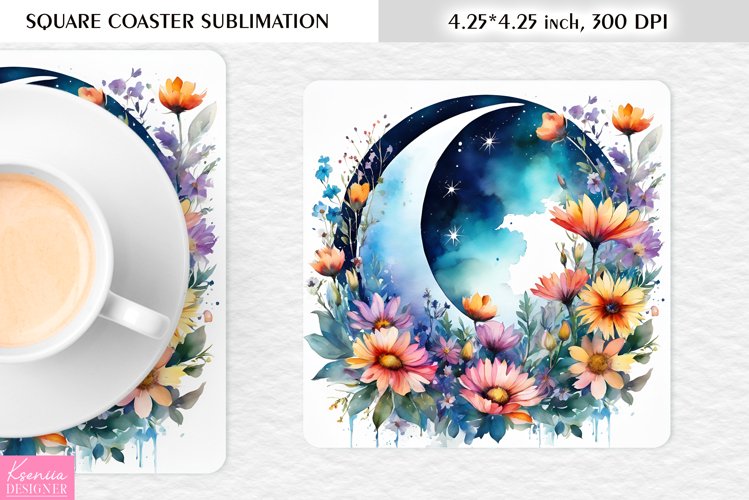 Watercolor Floral Moon|Flower Square Coaster Sublimation
