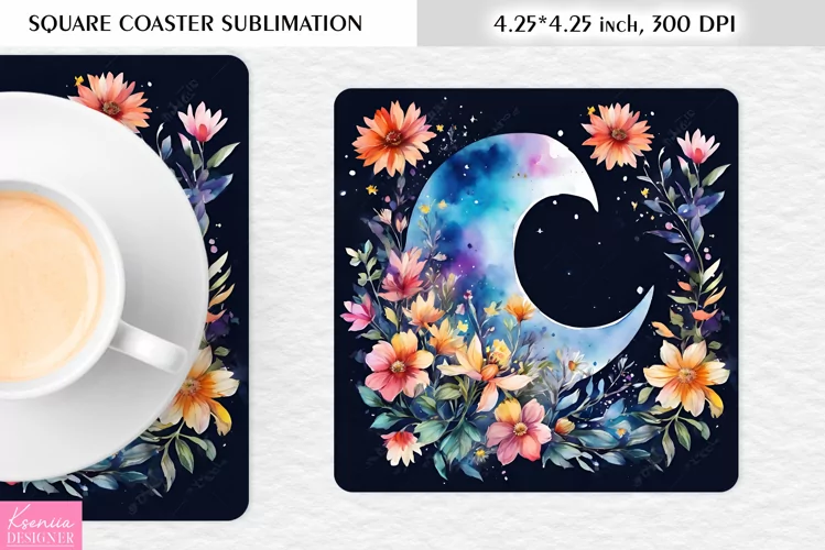 Watercolor Floral Moon|Flower Square Coaster Sublimation