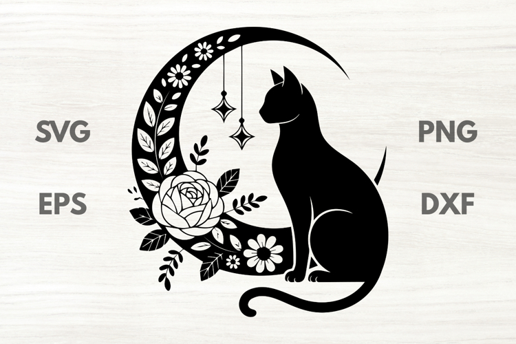 Rose Floral Crescent Moon with cat SVG