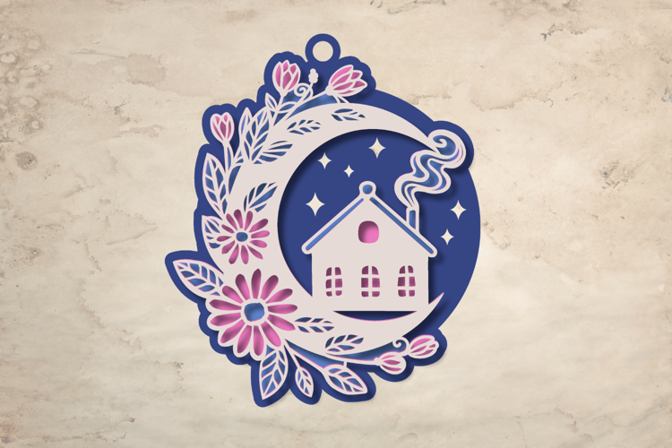 Floral Moon with Cottage - 4 SVG layers