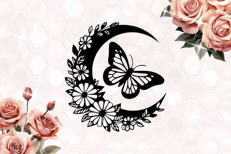 Moon with Butterfly and Daisies SVG